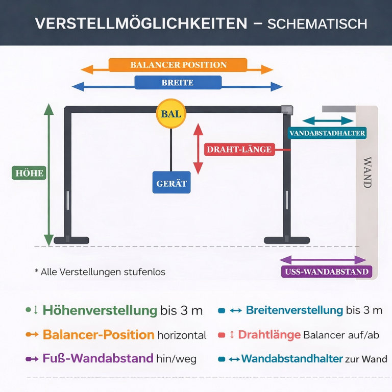 Schematische Darstellung der Verstellmöglichkeiten des BalanToolce Balancer-Systems für schwere Handgeräte – Höhenverstellung, Breitenverste